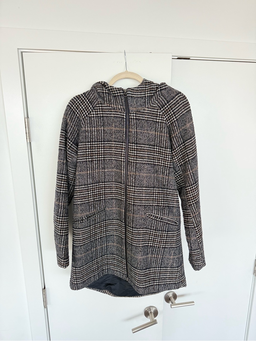 ONLY Black and Cream Plaid Hooded Zip Jacket